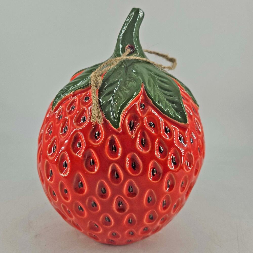Red glazed strawberry ceramic bird house feeder birdhouse - Picture 3 of 4